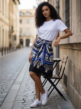 Mix Nouveau Tie-Waist Mini Skirt in Blue and Black Aztec Print Size M